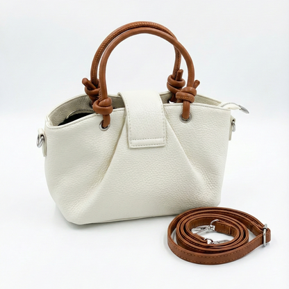 Ivory Knot Handle Mini Tote with Contrast Brown Straps