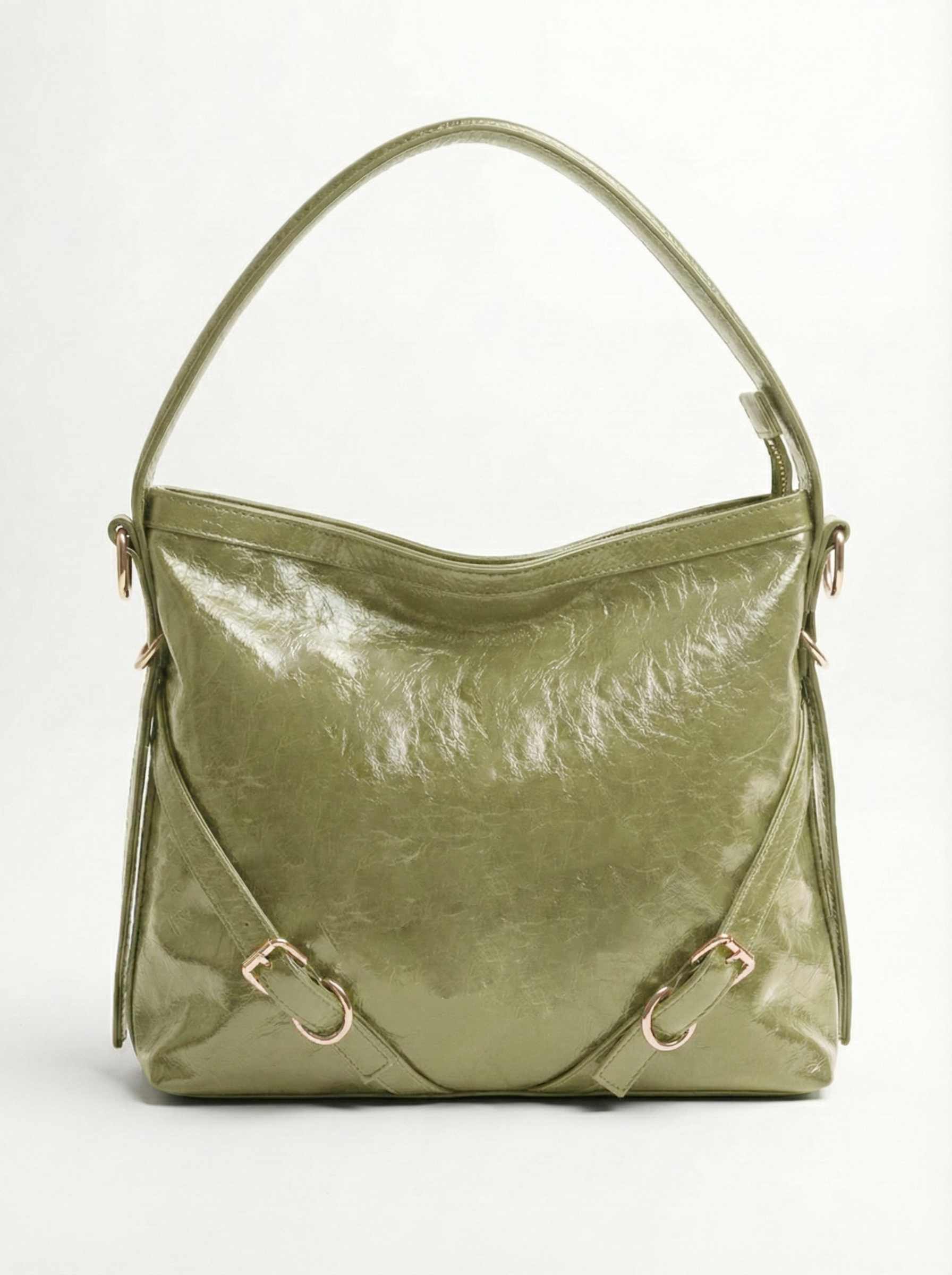 Olive Luxe Gloss Shoulder Bag with Gold Buckle Detail