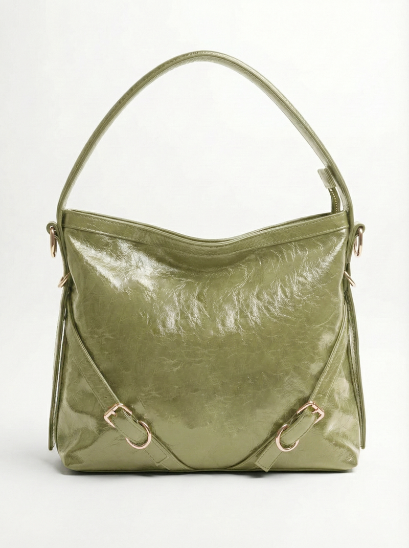 Olive Luxe Gloss Shoulder Bag with Gold Buckle Detail
