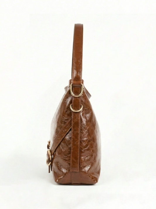Rich Chestnut Gloss Shoulder Bag with Gold Zip Detail