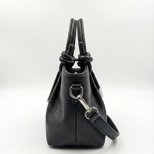 Midnight Black Mini Tote with Knot Handle & Metal Accent