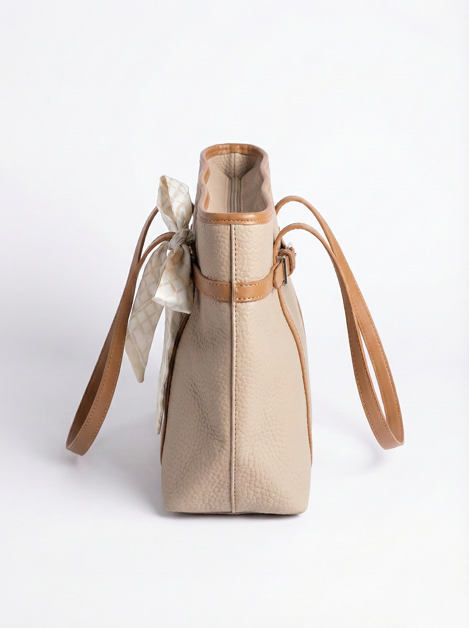 Elegant Beige Tote Bag with Bow Detail & Tan Straps