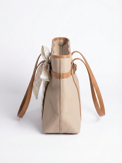 Elegant Beige Tote Bag with Bow Detail & Tan Straps