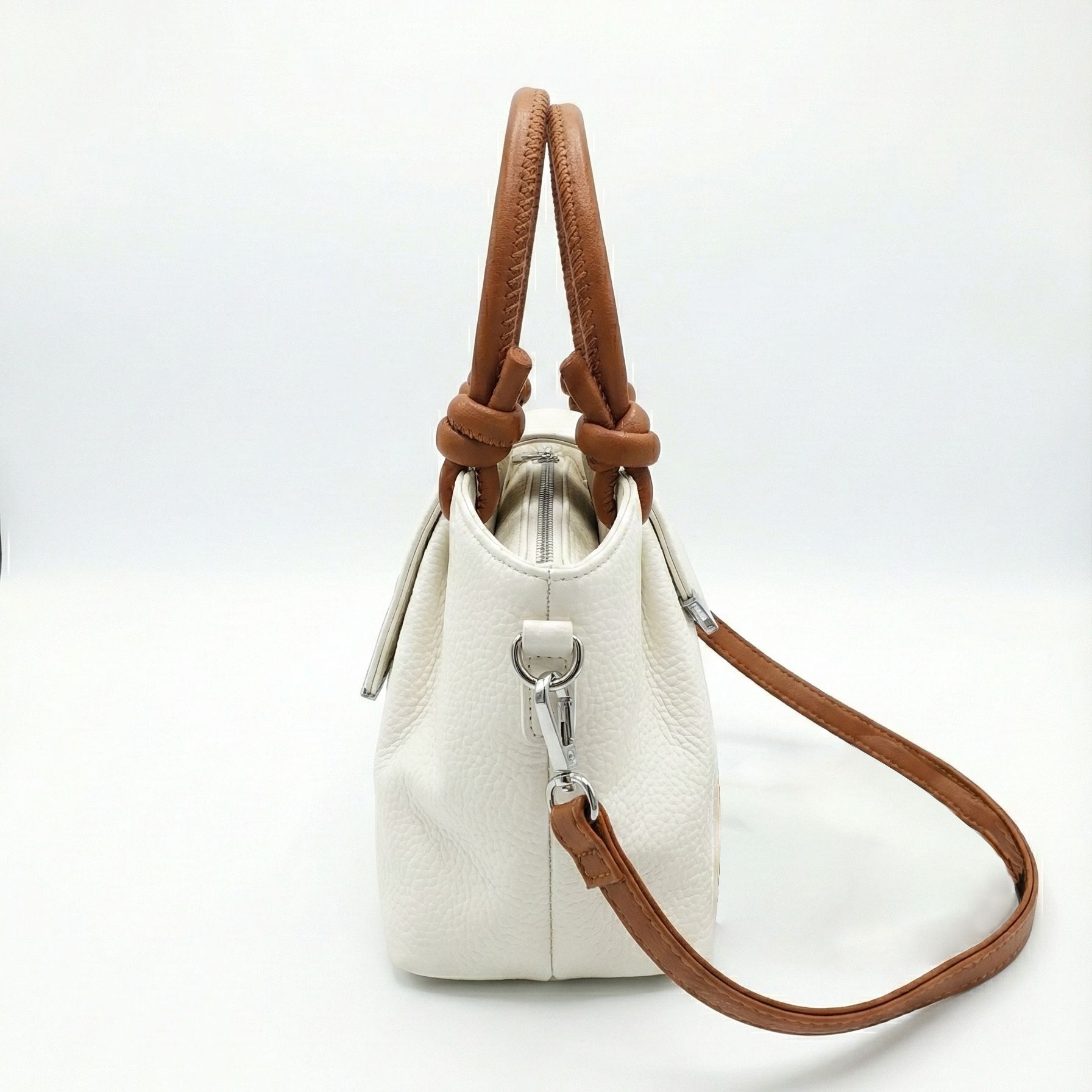 Ivory Knot Handle Mini Tote with Contrast Brown Straps