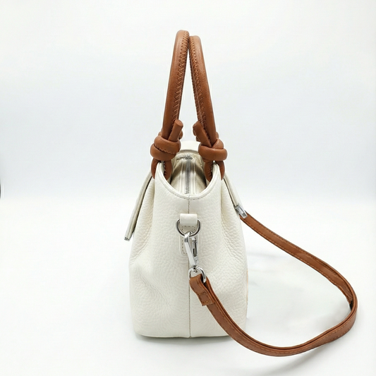 Ivory Knot Handle Mini Tote with Contrast Brown Straps