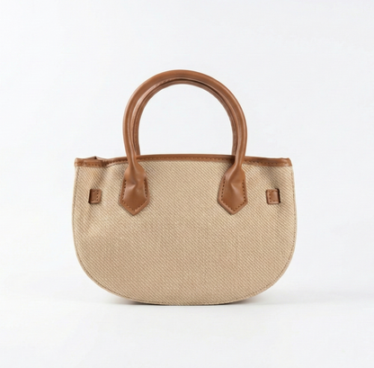 Beige Woven Mini Tote with Tan Handle & Lock Detail