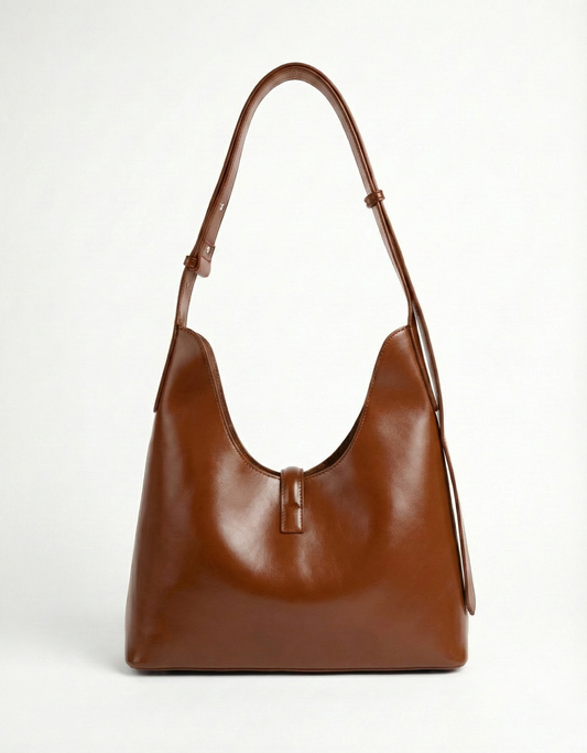 Classic Tan Brown Shoulder Hobo Bag with Gold Accent