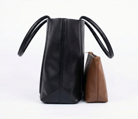 Dual Tone Leather Tote Bag with Pouch Set