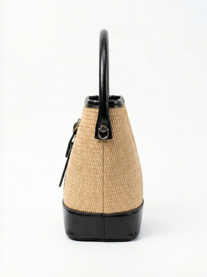 Chic Woven Straw Bucket Bag with Black Handle