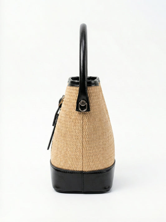 Chic Woven Straw Bucket Bag with Black Handle