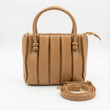 Caramel Pleated Mini Tote with Detachable Sling