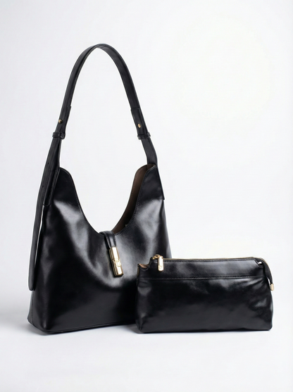 Classic Black Convertible Hobo Bag with Gold Accent
