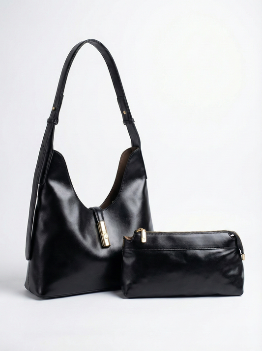 Classic Black Convertible Hobo Bag with Gold Accent