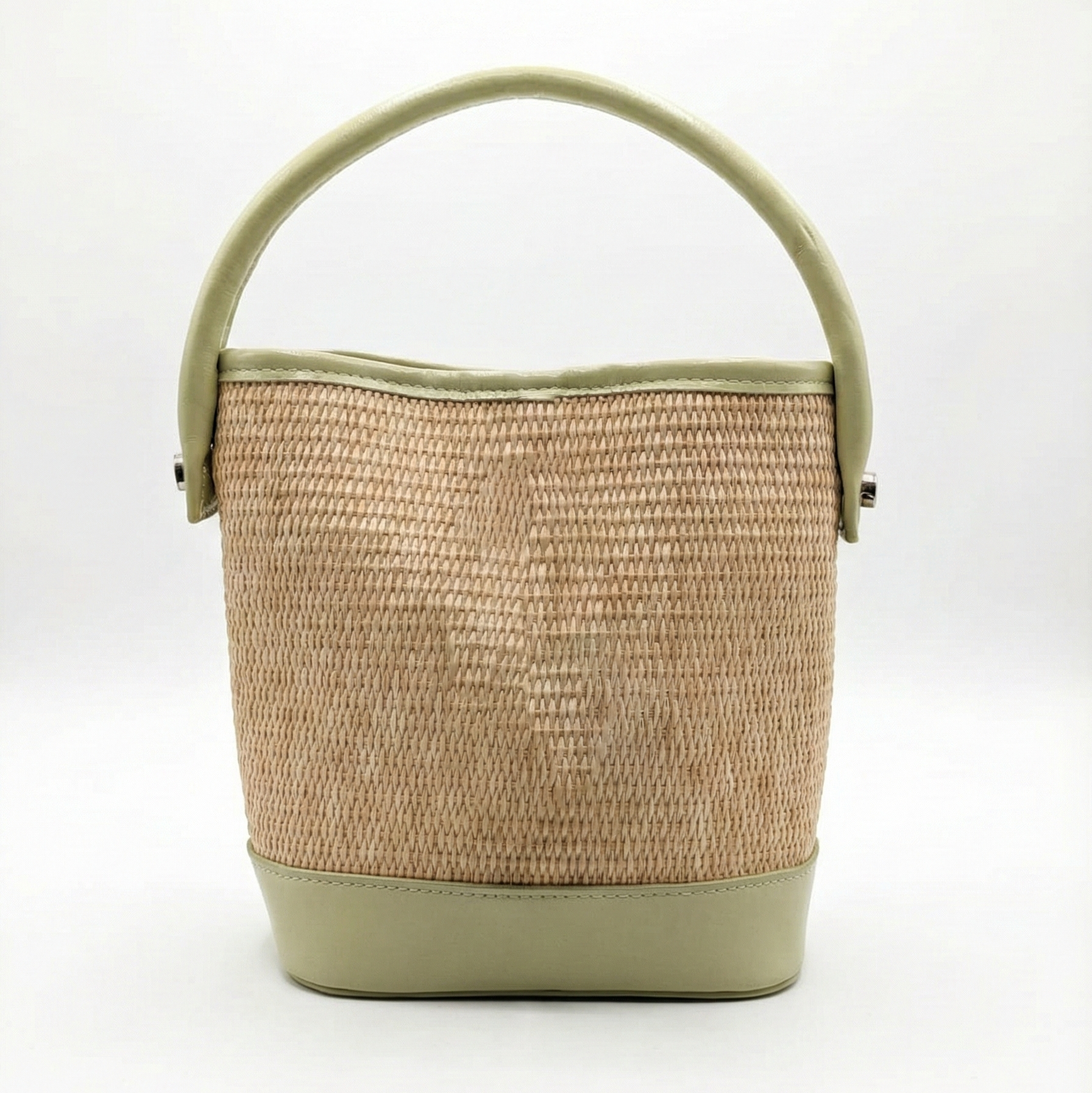 Pastel Green Woven Straw Bucket Bag with Top Handle