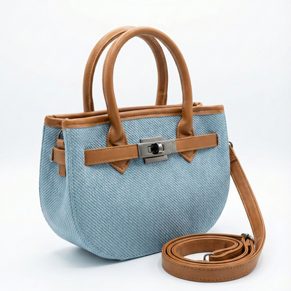 Sky Blue Woven Mini Tote with Tan Handle & Lock Detail