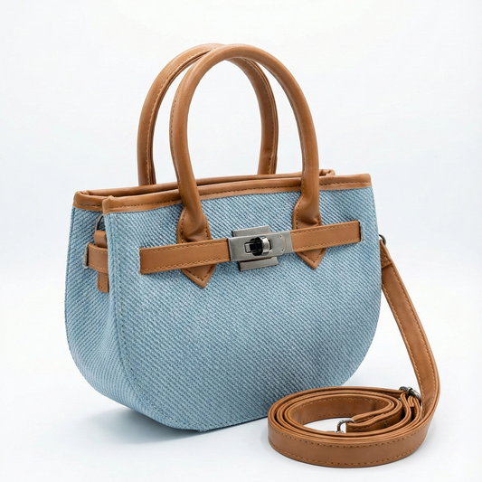 Sky Blue Woven Mini Tote with Tan Handle & Lock Detail