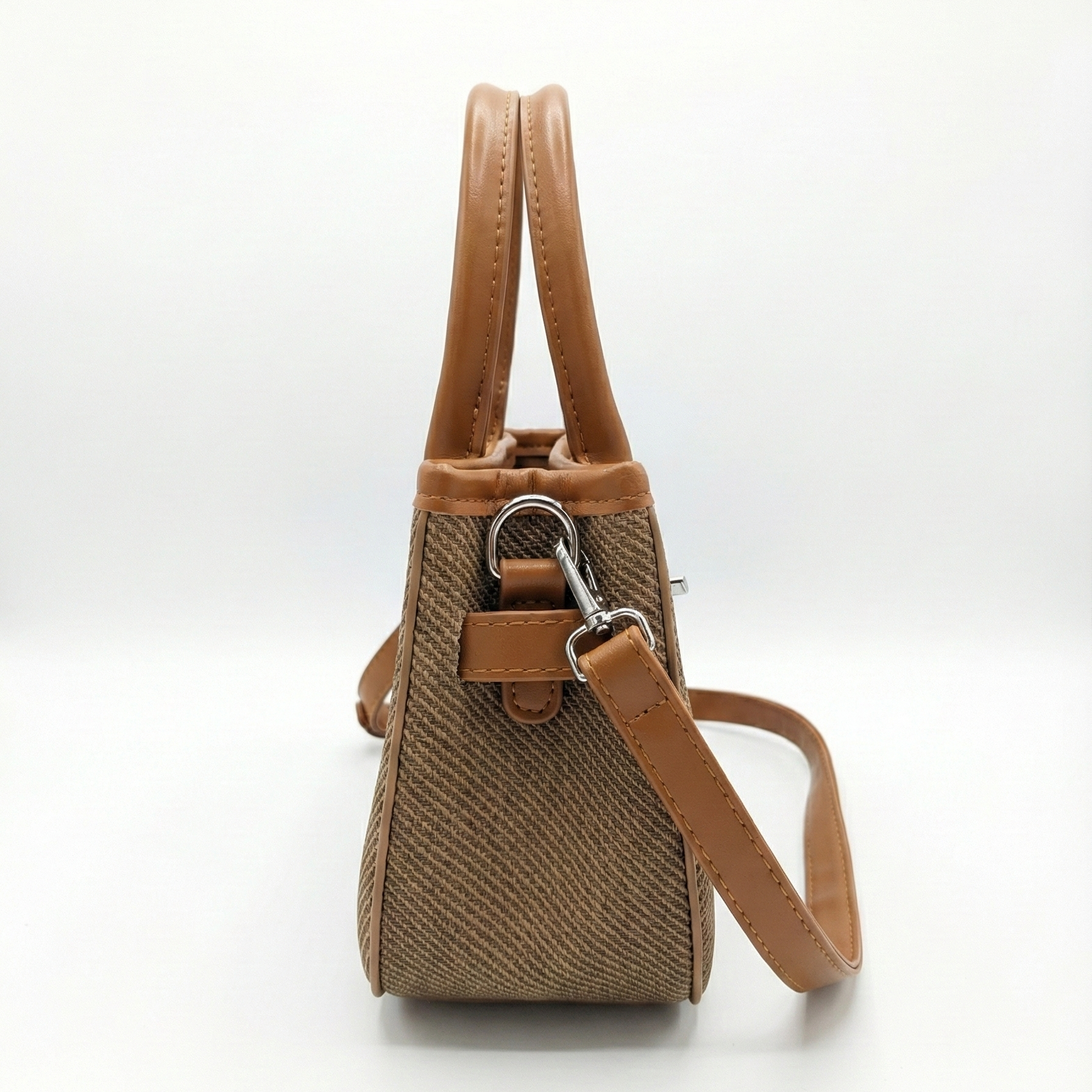 Classic Beige Woven Mini Tote with Tan Handles & Lock Detail