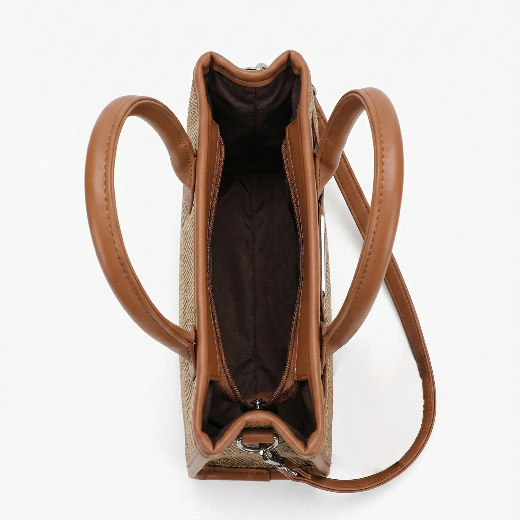 Classic Beige Woven Mini Tote with Tan Handles & Lock Detail