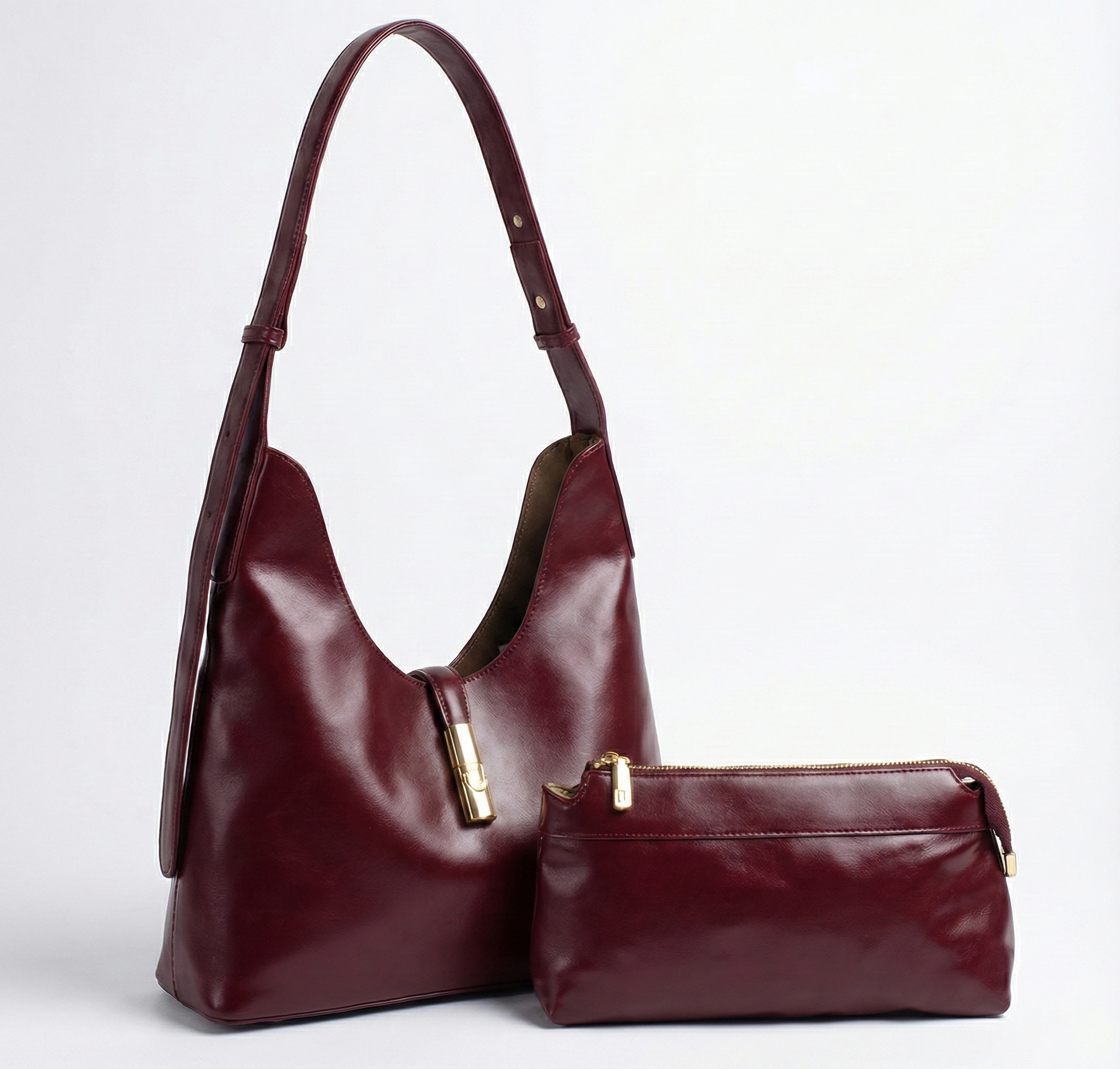 Elegant Burgundy Shoulder Hobo Bag with Gold Accent