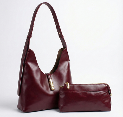Elegant Burgundy Shoulder Hobo Bag with Gold Accent