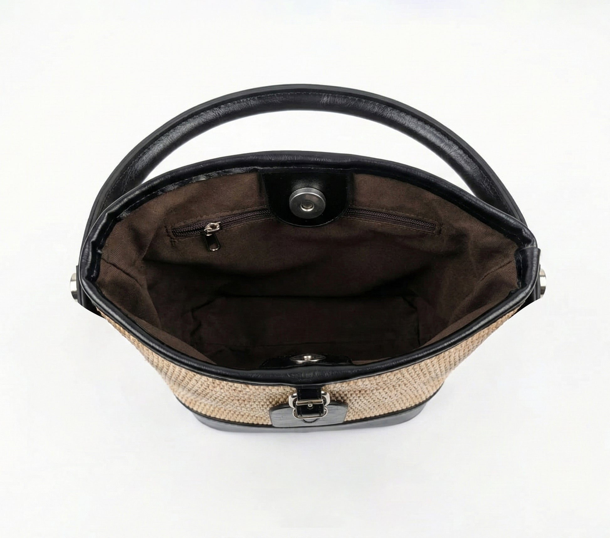 Chic Woven Straw Bucket Bag with Black Handle