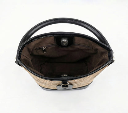 Chic Woven Straw Bucket Bag with Black Handle