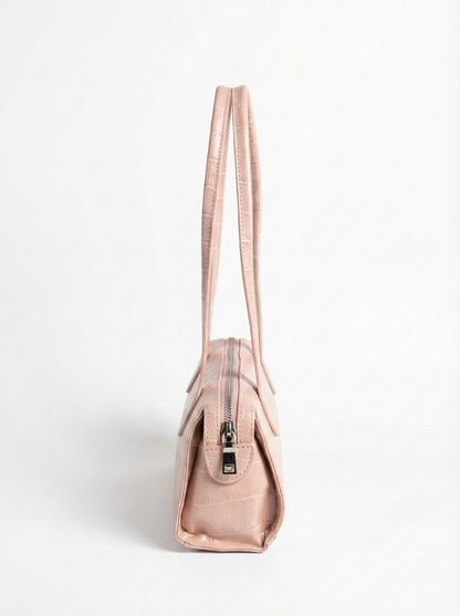 Blush Croc Texture Shoulder Bag – Slim Baguette Style