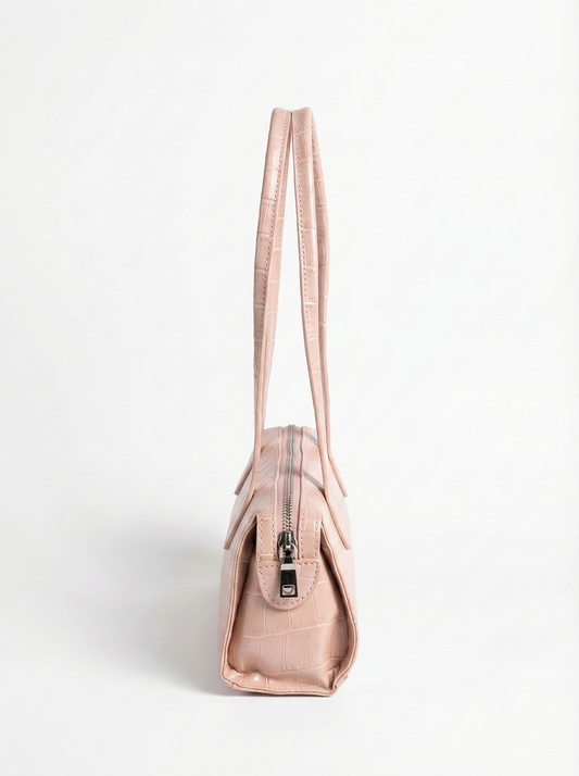 Blush Croc Texture Shoulder Bag – Slim Baguette Style