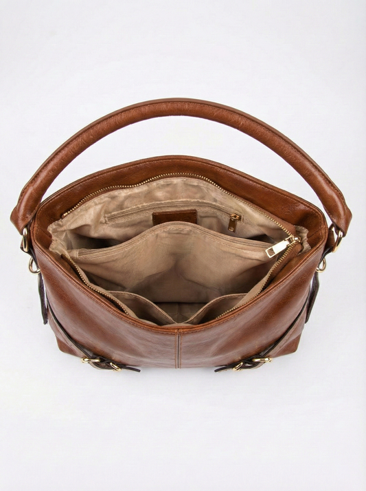 Rich Chestnut Gloss Shoulder Bag with Gold Zip Detail