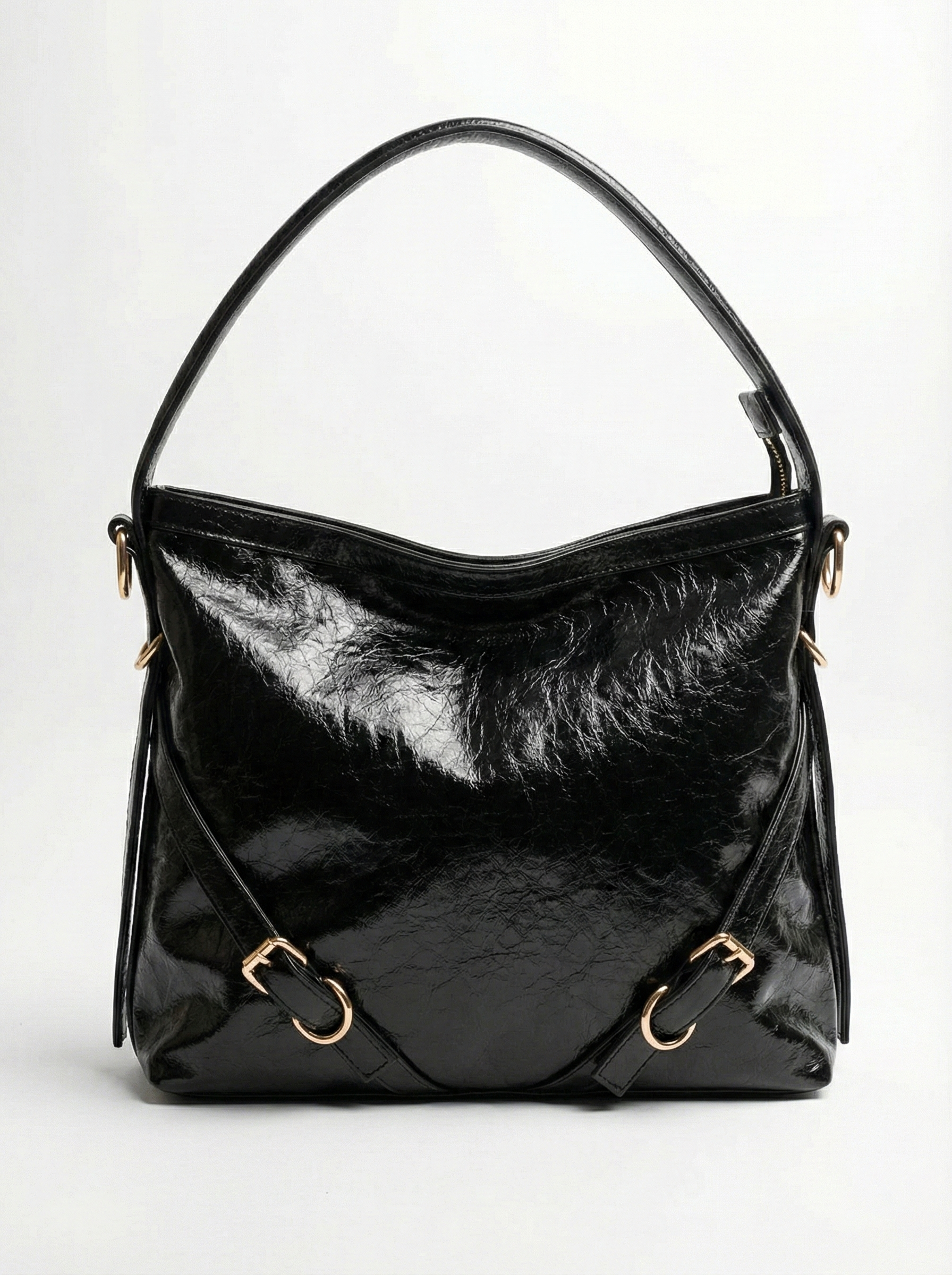 Glossy Black Luxe Shoulder Bag with Gold Zip Detail