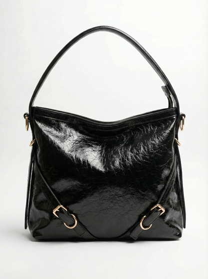 Glossy Black Luxe Shoulder Bag with Gold Zip Detail