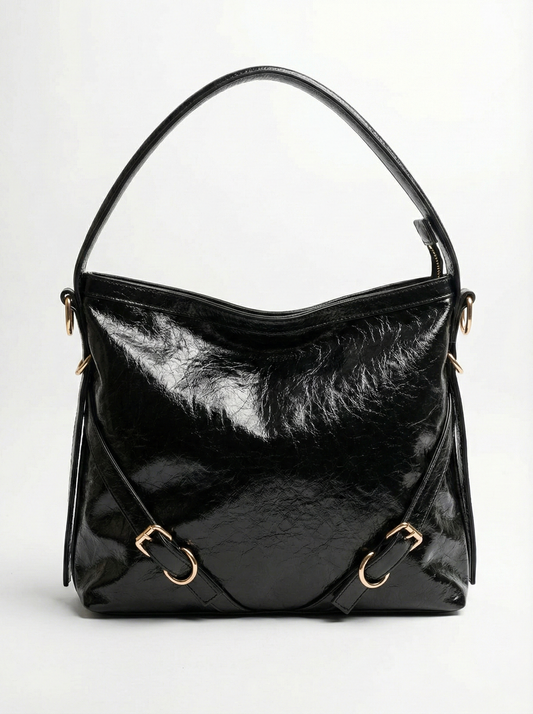 Glossy Black Luxe Shoulder Bag with Gold Zip Detail