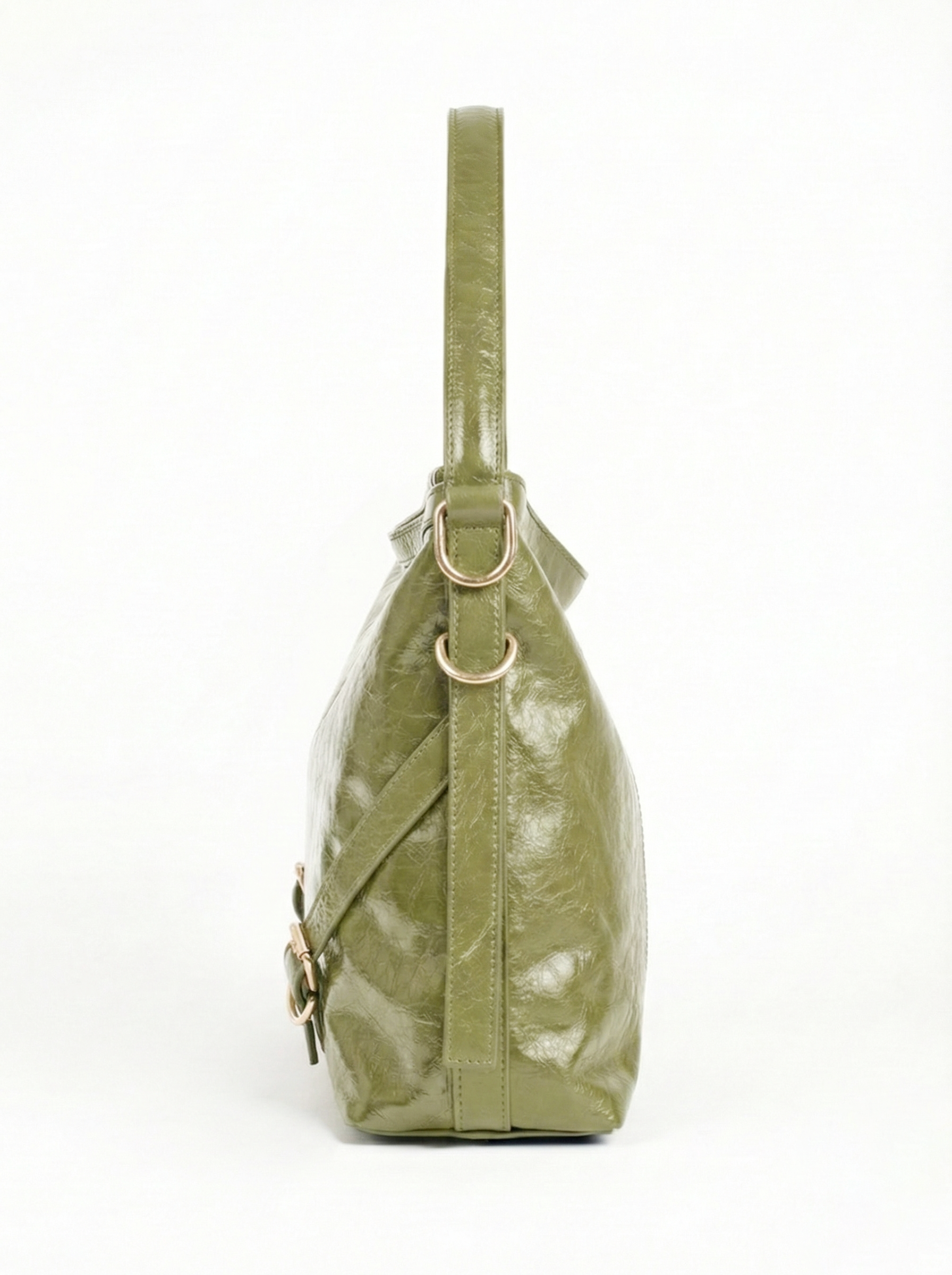 Olive Luxe Gloss Shoulder Bag with Gold Buckle Detail