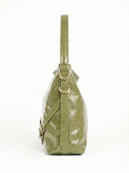 Olive Luxe Gloss Shoulder Bag with Gold Buckle Detail