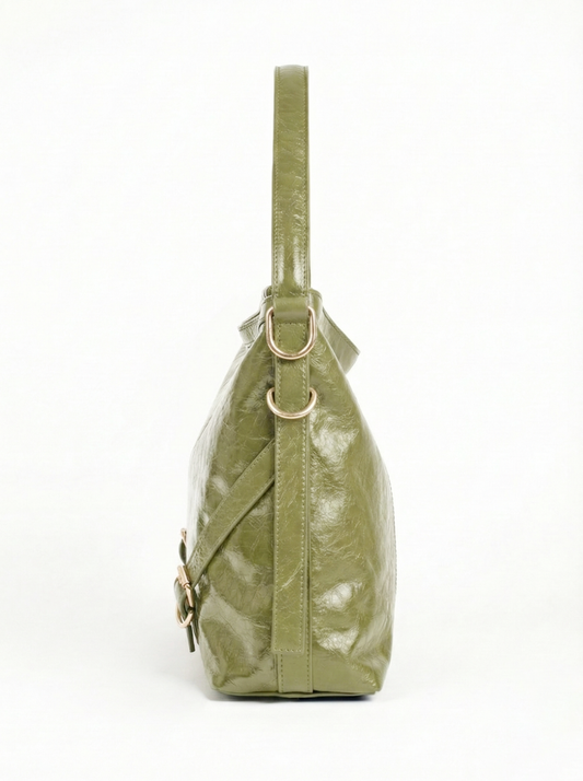 Olive Luxe Gloss Shoulder Bag with Gold Buckle Detail
