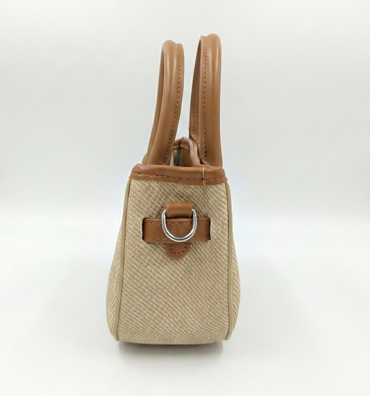 Beige Woven Mini Tote with Tan Handle & Lock Detail