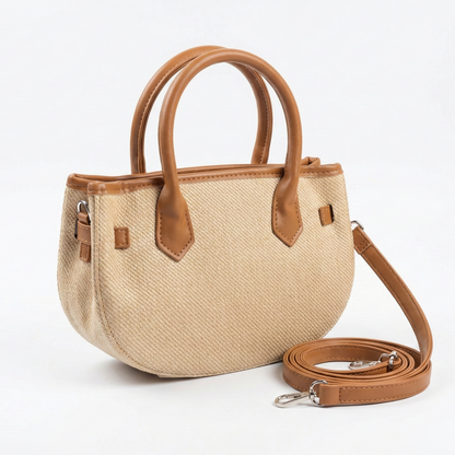 Beige Woven Mini Tote with Tan Handle & Lock Detail