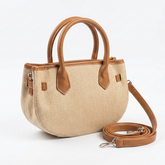 Beige Woven Mini Tote with Tan Handle & Lock Detail
