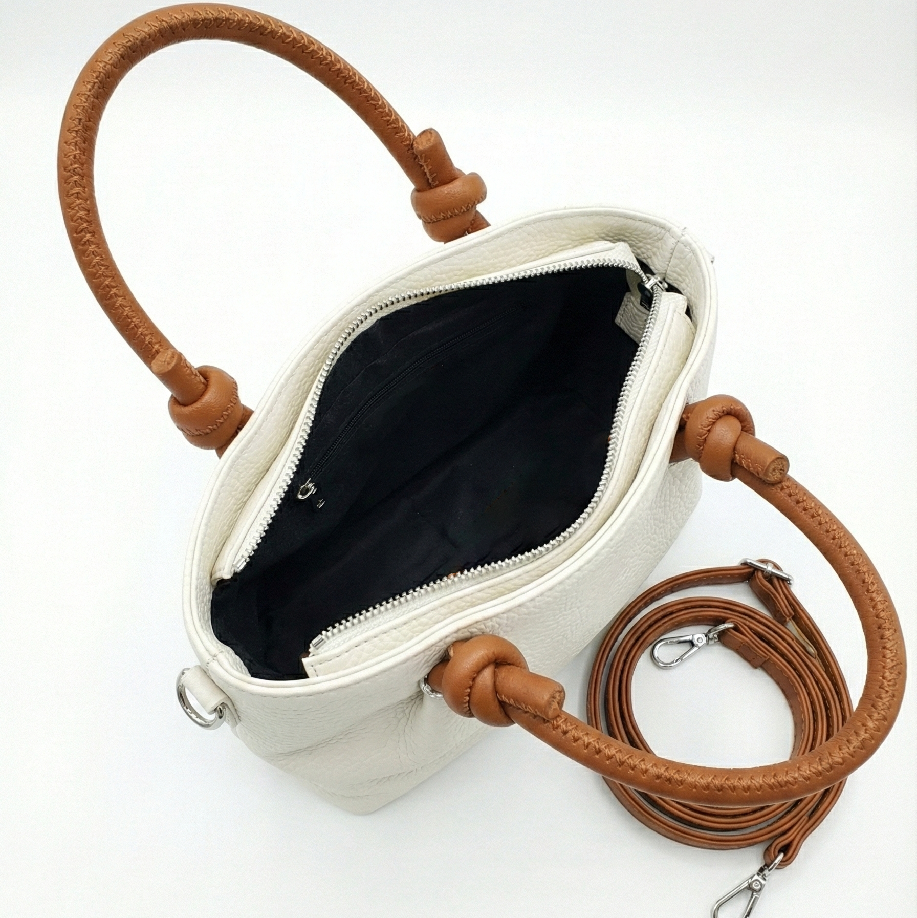 Ivory Knot Handle Mini Tote with Contrast Brown Straps