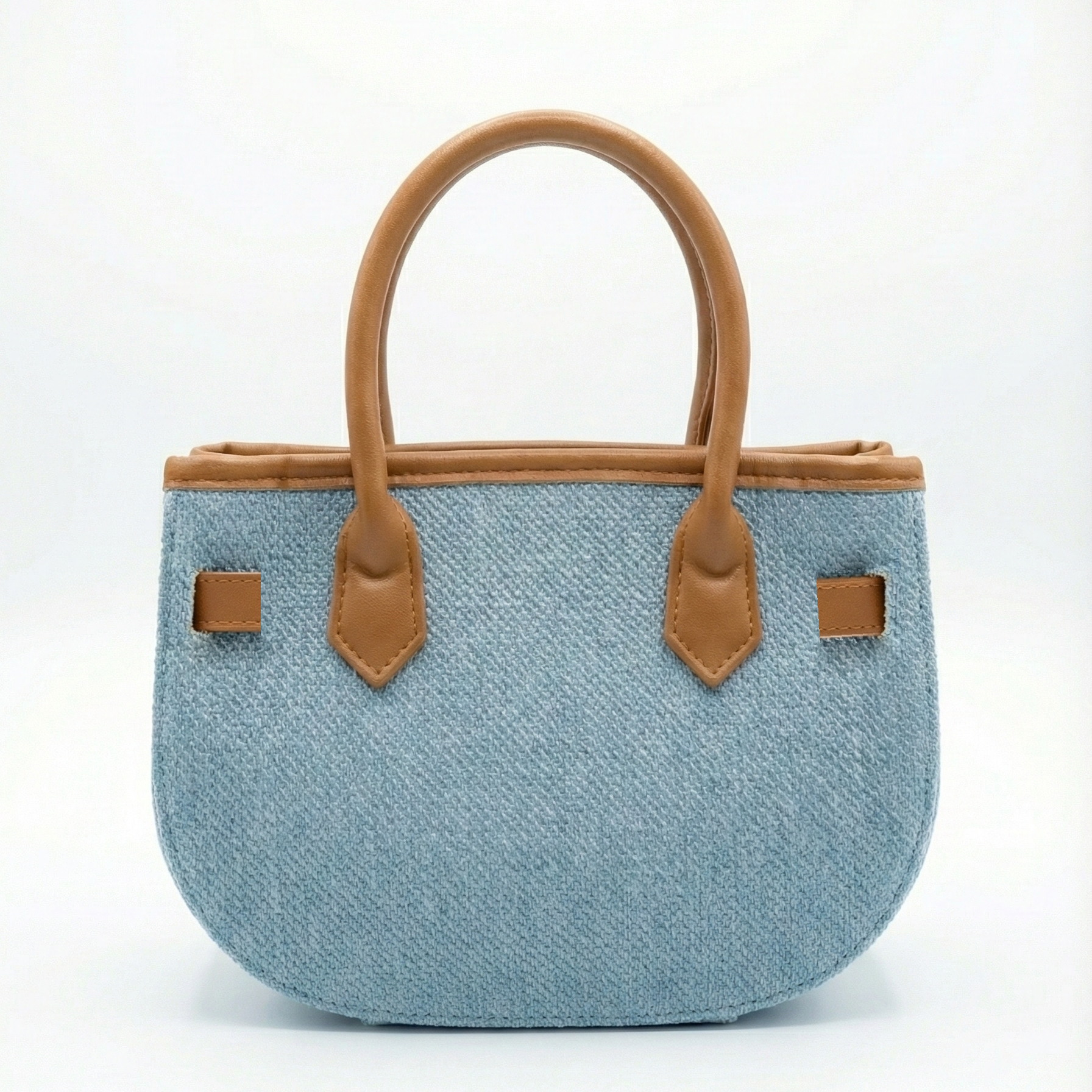 Sky Blue Woven Mini Tote with Tan Handle & Lock Detail