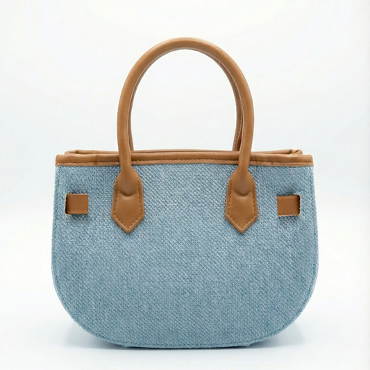 Sky Blue Woven Mini Tote with Tan Handle & Lock Detail