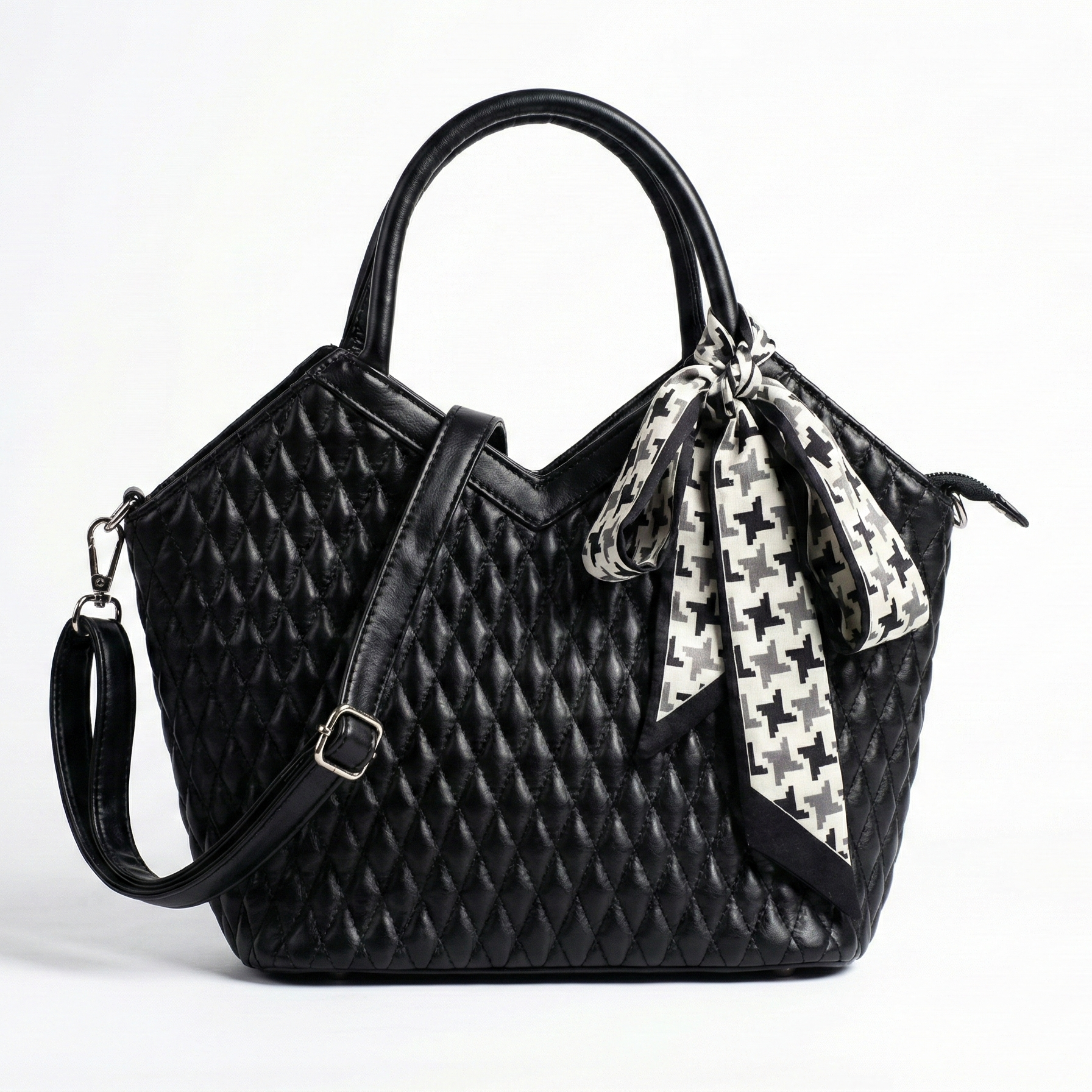 Elegant Black Quilted Handbag with Scarf Detail