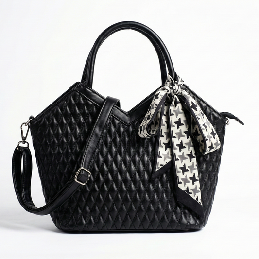 Elegant Black Quilted Handbag with Scarf Detail
