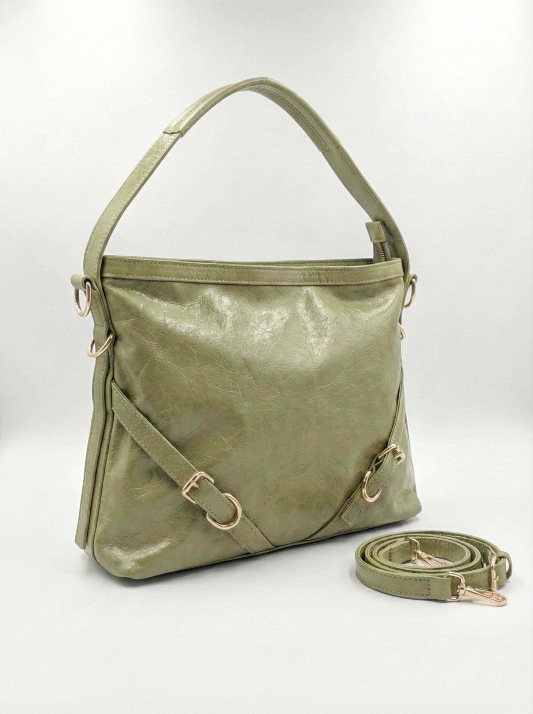 Olive Luxe Gloss Shoulder Bag with Gold Buckle Detail