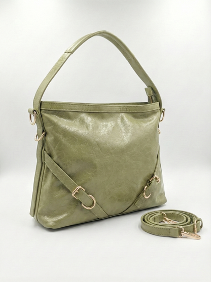 Olive Luxe Gloss Shoulder Bag with Gold Buckle Detail