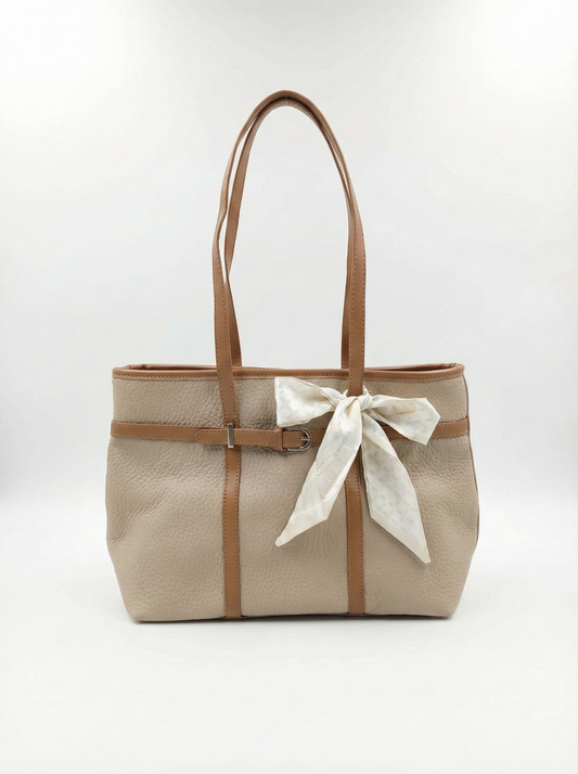 Elegant Beige Tote Bag with Bow Detail & Tan Straps