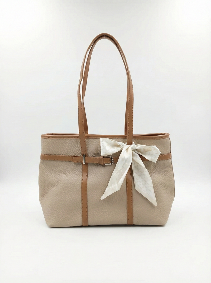 Elegant Beige Tote Bag with Bow Detail & Tan Straps