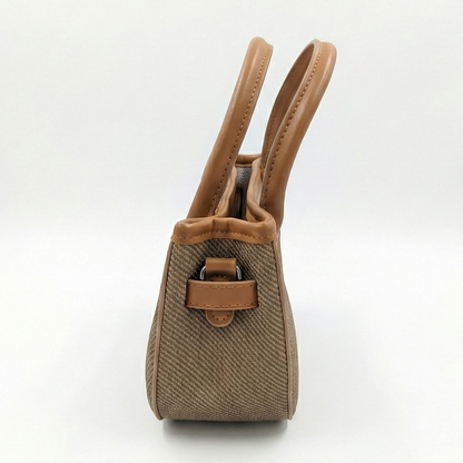 Classic Beige Woven Mini Tote with Tan Handles & Lock Detail