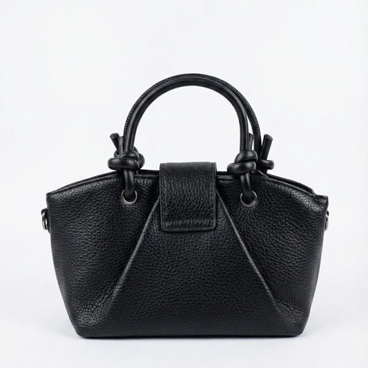 Midnight Black Mini Tote with Knot Handle & Metal Accent