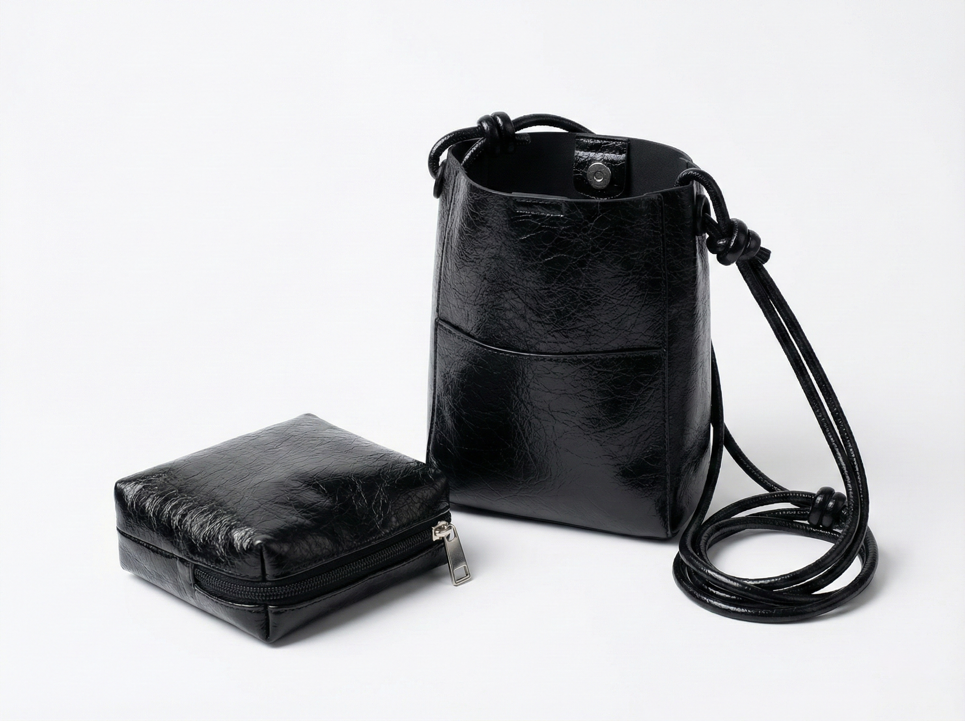Midnight Black Mini Bucket Sling Bag with Knot Strap